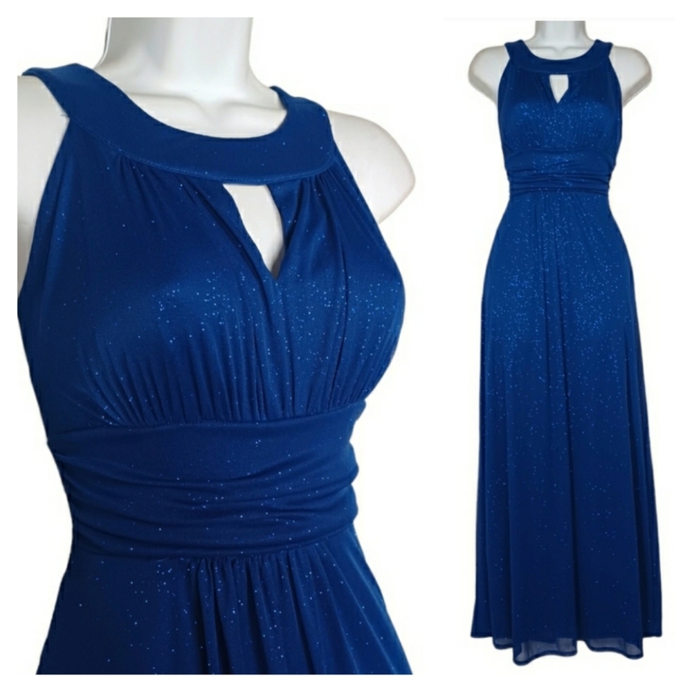SWEET STORM Blue Silver Shimmer Sleeveless Keyhole Maxi Party Dress Medium